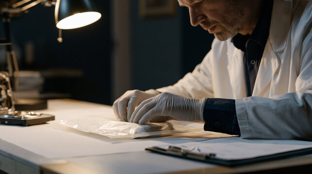 Cyber forensics investigator in latex gloves carefully extracting hard drive from evidence bag onto clean examination table, chain-of-custody documentation clipboard beside specialized write-blocker
