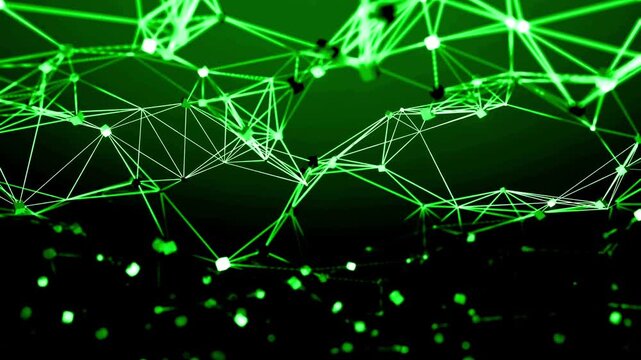 Abstract background of green plexus lines and nodes forming a complex digital communication network grid system.