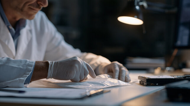 Cyber forensics investigator in latex gloves carefully extracting hard drive from evidence bag onto clean examination table, chain-of-custody documentation clipboard beside specialized write-blocker