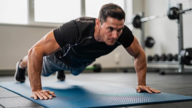 Fit young man doing push ups on a blue mat in a modern gym for strength training and fitness