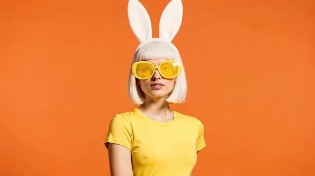 Fashion model with white bob haircut wearing bunny ears and yellow sunglasses in front of orange background