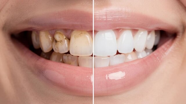 Close up of teeth before and after whitening showing dental care and oral hygiene transformation