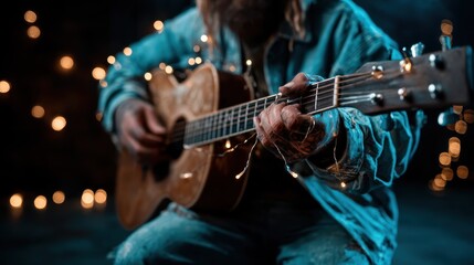 Obraz premium A captivating shot of a guitarist strumming an acoustic guitar, illuminated by gentle twinkling lights, creating an intimate and warm atmosphere perfect for music lovers.