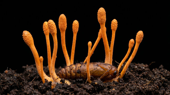 Orange Cordyceps Fungi Parasitizing Insect Pupa in Dark Soil Macro Shot.