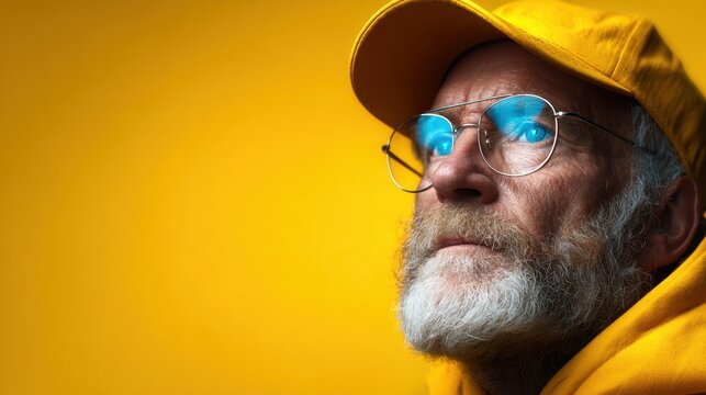This striking portrait captures a wise elderly man wearing glasses and a yellow cap, showcasing a contemplative expression against a vibrant yellow background.