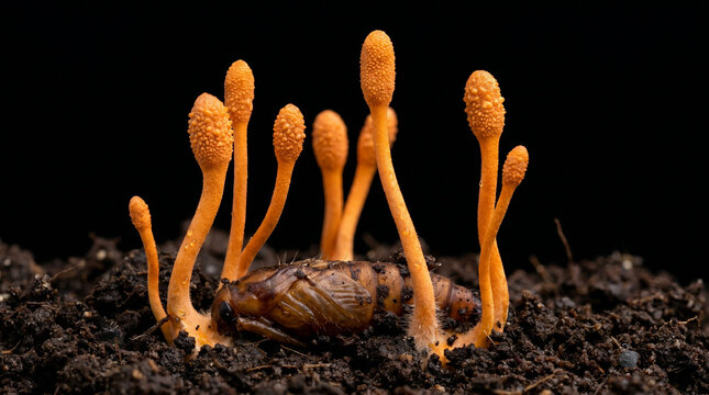 Orange Cordyceps fungi sprout from insect pupa in dark soil.