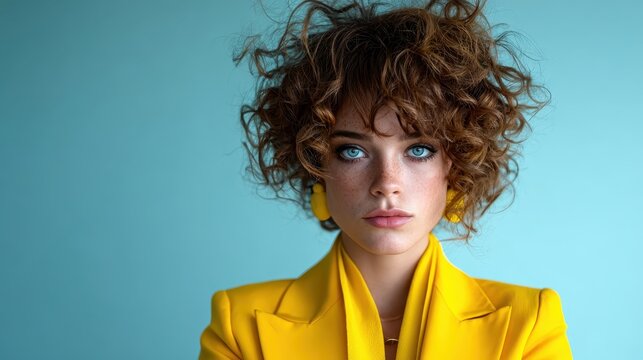 A striking portrait of a woman wearing a bold yellow suit, showcasing her unique style and captivating presence, with curly hair and an assertive gaze against a contrasting background.