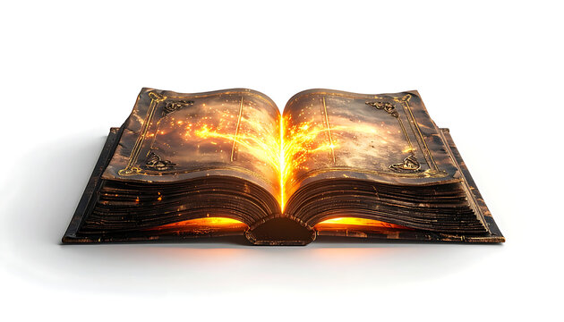 Ancient open book emitting bright magical glowing particles and light, fantasy lore and knowledge, mystical energy