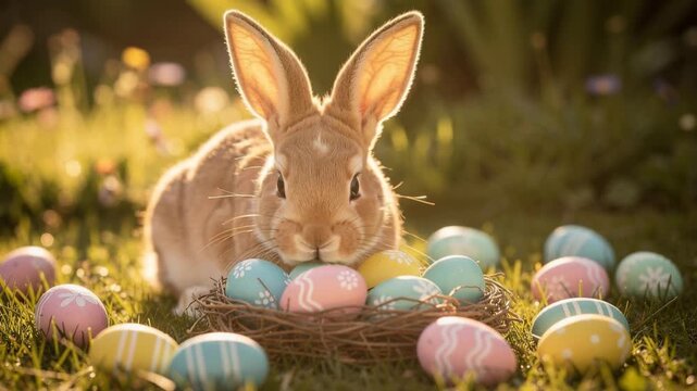 Cute brown bunny surrounded by colorful decorated Easter eggs in a sunny garden setting