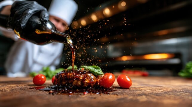 A chef expertly prepares a gourmet dish in a vibrant kitchen, highlighting culinary skills, creativity, and the art of cooking that tantalizes the senses.