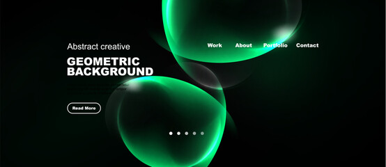 Naklejka premium Dark background features vibrant green abstract shapes. Text displays portfolio website navigation options, plus read more button.