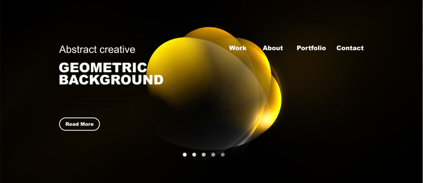 Dark backdrop features vibrant yellow abstract shapes. Text includes geometric background, navigation options, plus read more button. Simple design.