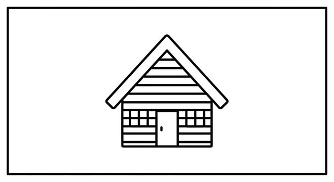 Simple Line Art Icon of a Wooden Cabin House with A-Frame Roof