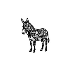 Fototapeta premium Decorative black and white donkey illustration adorned with intricate tribal patterns standing in profile.