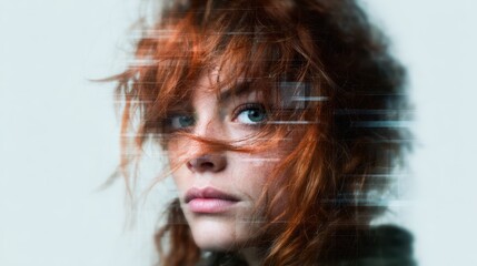 Naklejka premium A striking portrait captures a woman with vibrant red hair and intense blue eyes, showcasing a blend of natural beauty and ethereal qualities in her expression.