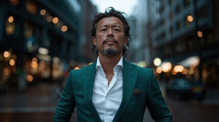 Fototapeta premium A poised man in a stylish suit stands in a bustling city scene, exuding confidence and charisma amidst a backdrop of urban life and soft ambient lighting.