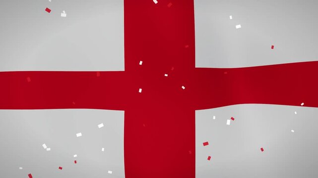England flag waving in wind with red and white confetti falling for national celebration