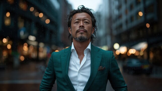 A poised man in a stylish suit stands in a bustling city scene, exuding confidence and charisma amidst a backdrop of urban life and soft ambient lighting.