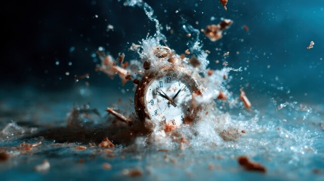 An antique watch, dramatically frozen in time, splashes into blue water, creating an engaging visual narrative that symbolizes the passage of time and fleeting moments.