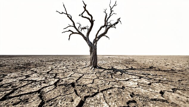 Dead Tree on Cracked Desert Land Symbolizing Severe Drought and Climate Change