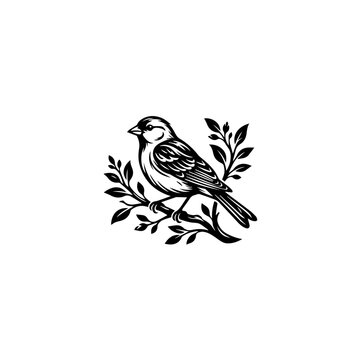 Stylized black and white bird perched on a leafy branch vintage woodcut illustration.