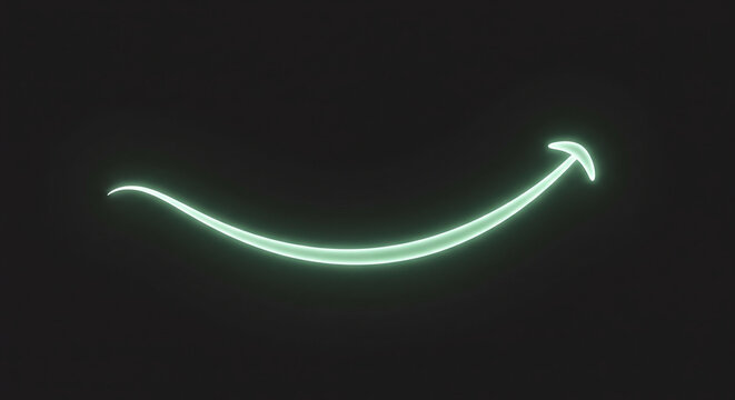 Glowing green neon smile line on black background, minimalist neon light arrow symbol, electric lime green curved line with arrow tip