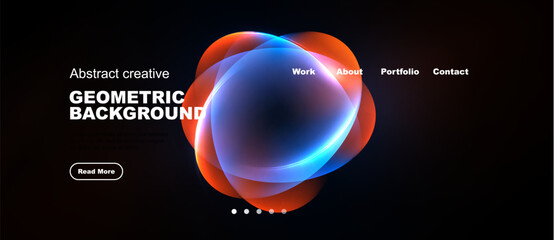 Naklejka premium Dark background features vibrant geometric shapes. Bright neon colors create modern design. Minimalist website mockup with navigation options.