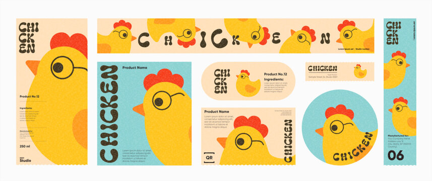 Colorful chicken-themed packaging design featuring a playful cartoon chicken illustration. Includes multiple label variations with bold typography and vibrant colors.