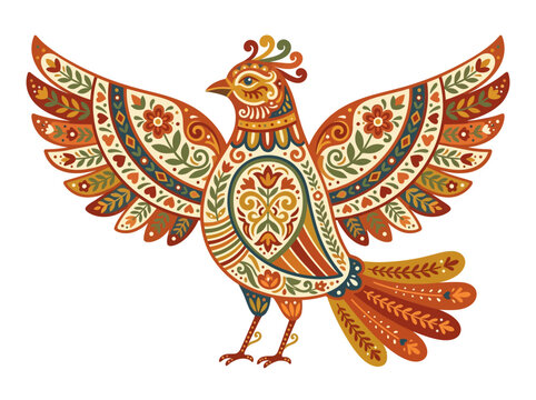 Colorful bird with decorative feathers standing.
