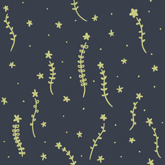Naklejka premium Simple floral seamless pattern with hand drawn vines on dark blue background