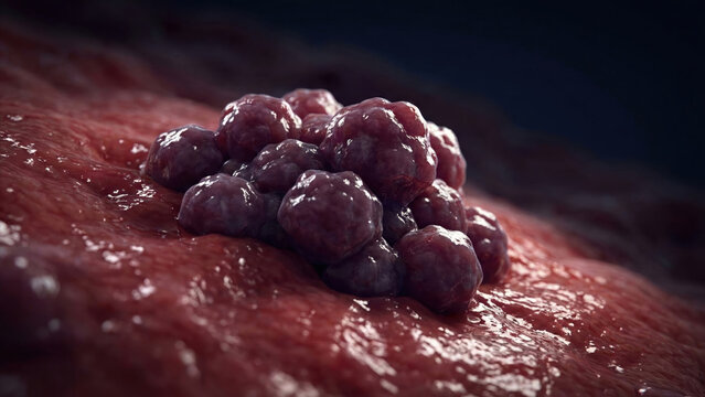 Microscopic view of aggressive cancer cells forming a cluster, representing tumor growth and disease.
