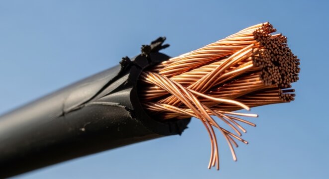 Closeup of frayed electrical copper wire against a clear blue sky.