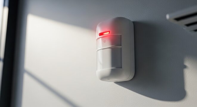 Closeup of a white motion sensor with a red light indicating activity.