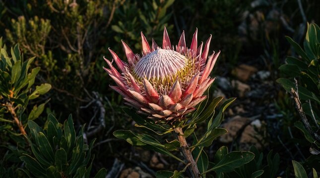 Close-up of a vibrant pink King Protea flower in full bloom surrounded by green foliage.
