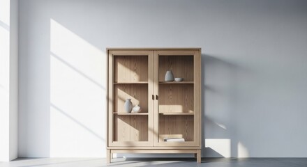 Fototapeta premium Minimalist Wooden Display Cabinet with Glass Doors in a Bright Room.
