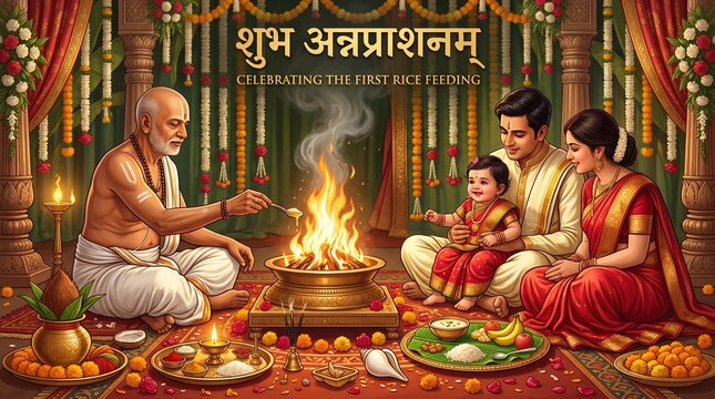 Shubha Annaprasana Vedic Ritual Banner &mdash; Hindu Priest Havan Sacred Fire Baby First Rice Traditional Ceremony