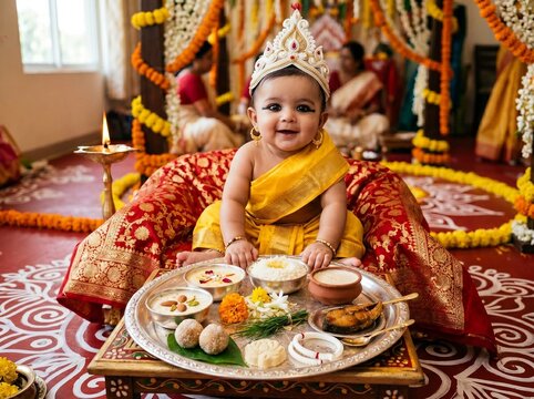 Shubha Annaprasana Bengali Mukhe Bhaat &mdash; Crowned Baby in Yellow Silk Dhoti Seated Before Traditional Silver Thali with Payesh and Gobindobhog Rice