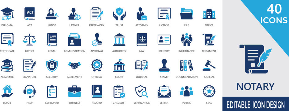 Notary fill icon set with document, legal, approval, contract, record, certification, seals, and justice glyph icons.