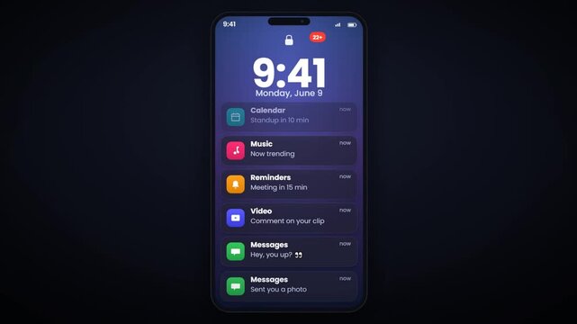 Smartphone lock screen with stream of app notifications and time on modern mobile phone display