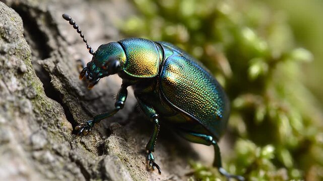 Macro Shot of Iridescent Jewel Beetle Crawling on Mossy Tree Bark