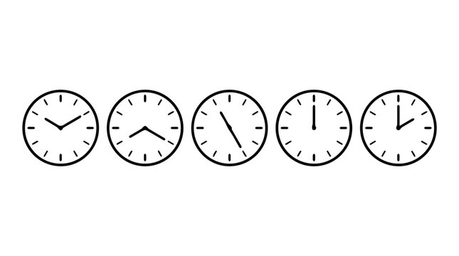 Five clock icons in black outline, minimalist design showing different times to represent time progression, scheduling, and daily rhythm
