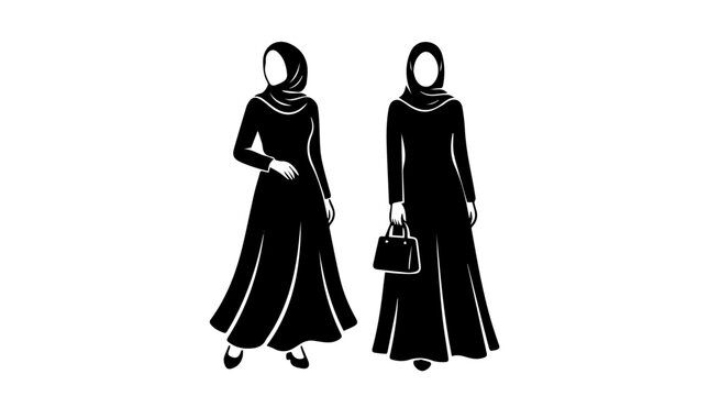 Two women in abaya and hijab, minimalist black‑and‑white illustration symbolizing elegance, modesty, and cultural identity