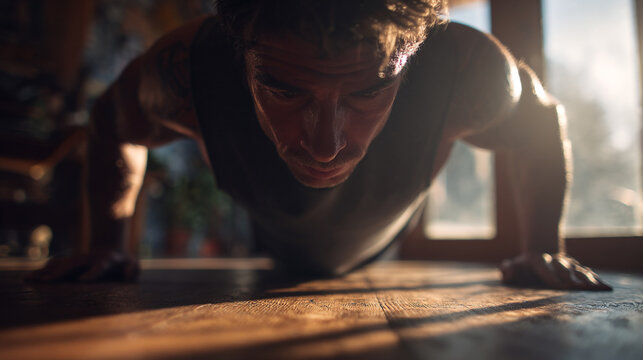 close up of a man doing pushups in the early morning at home