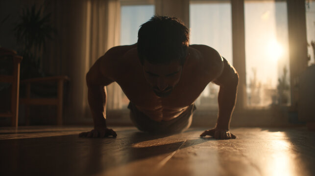 close up of a man doing pushups in the early morning at home