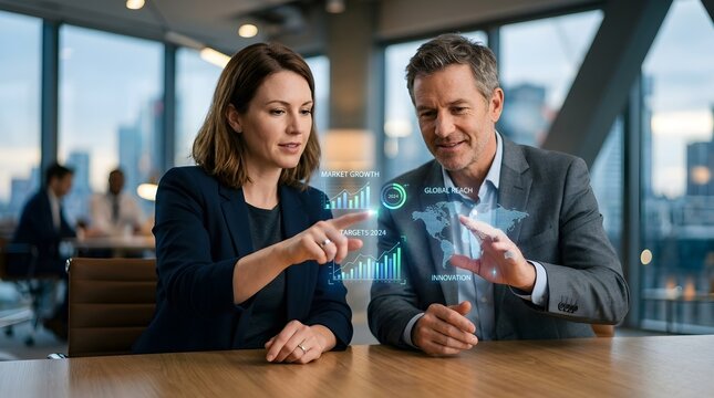 Business Professionals Collaborating on a Futuristic Holographic Display