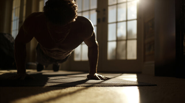 close up of a man doing pushups in the early morning at home