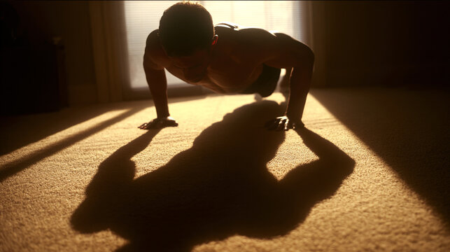 close up of a man doing pushups in the early morning at home
