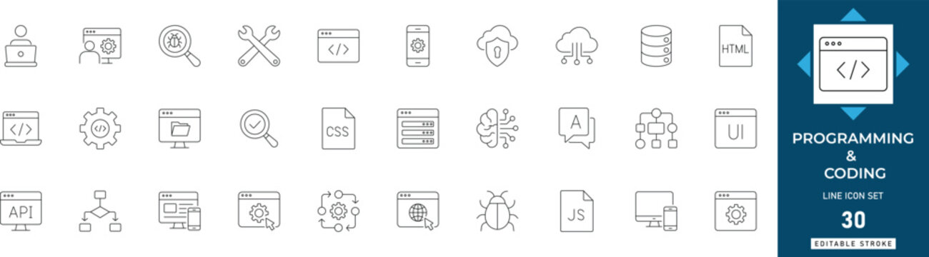 Programming line icon set featuring coding, software, development, script, source code, data, technology. Professional editable vector illustration for developer app and UI UX design.

