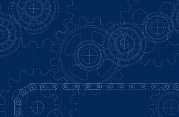 Technological background with a drawing of gears and a chain drive on dark blue graph paper in the style of an industrial blueprint with cogwheels and bearings.