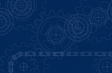 Fotobehang Abstract Technological background with a drawing of gears and a chain drive on dark blue graph paper in the style of an industrial blueprint with cogwheels and bearings.  © Оксана Сердюк